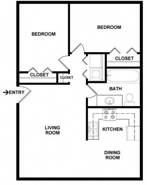 Floor plan for 2 beds, 1 bath, 836 sqft